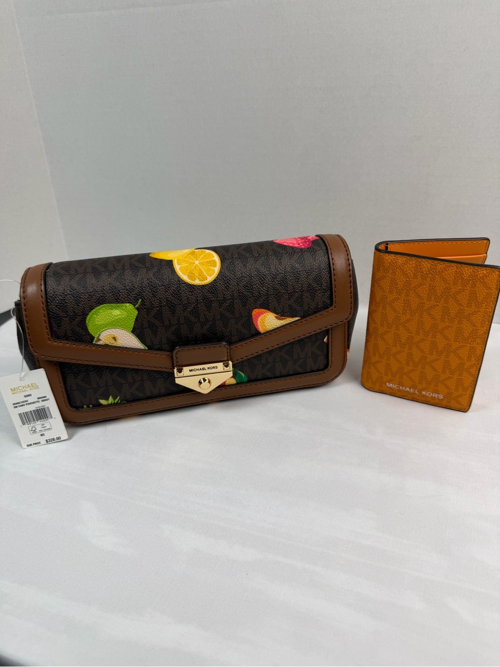 Michael Kors Soho Women Small Printed MK Logo Crossbody Bag Brown Fruits New Nwt